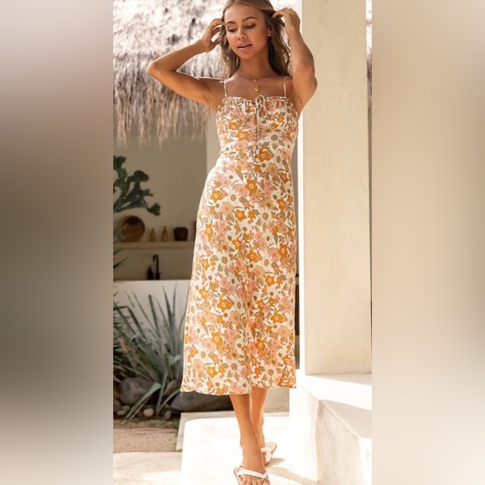 Hollister Floral Paisley Midi Dress Size L Boho Cottagecore Earthy Neutral